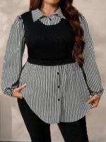 Elorivane Plus Size Black Knit Floral Patchwork Pullover Top, Autumn Winter Casual Wear - Image 16