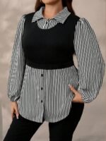 Elorivane Plus Size Black Knit Floral Patchwork Pullover Top, Autumn Winter Casual Wear - Image 18