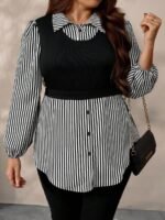 Elorivane Plus Size Black Knit Floral Patchwork Pullover Top, Autumn Winter Casual Wear - Image 19