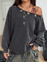 Elorivane Women Plus Size Grey Wash Sweatshirt, Asymmetrical Shoulder Grommet Long Sleeve Y2K Fall Winter Top - Image 7