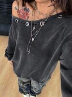 Elorivane Women Plus Size Grey Wash Sweatshirt, Asymmetrical Shoulder Grommet Long Sleeve Y2K Fall Winter Top