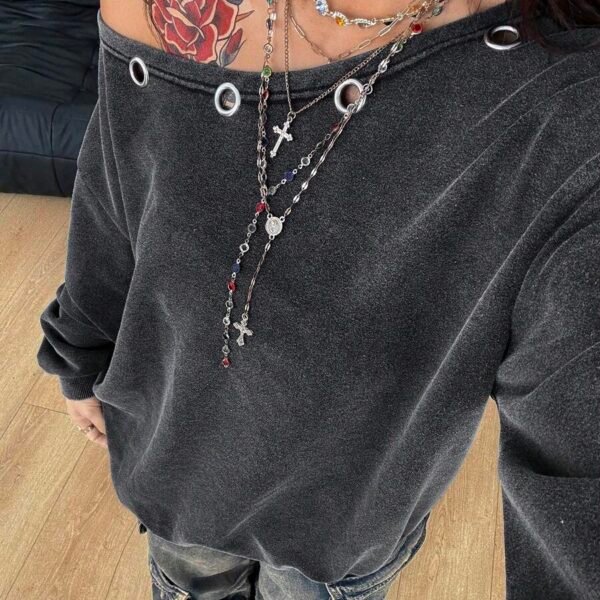 Elorivane Women Plus Size Grey Wash Sweatshirt, Asymmetrical Shoulder Grommet Long Sleeve Y2K Fall Winter Top