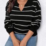 Elorivane Plus Size Black And White Knit Cardigan Elegant Soft Casual for Autumn Winter Office Formal Wear