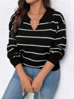 Elorivane Plus Size Black And White Knit Cardigan Elegant Soft Casual for Autumn Winter Office Formal Wear