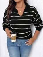Elorivane Plus Size Black And White Knit Cardigan Elegant Soft Casual for Autumn Winter Office Formal Wear - Image 3