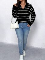 Elorivane Plus Size Black And White Knit Cardigan Elegant Soft Casual for Autumn Winter Office Formal Wear - Image 5