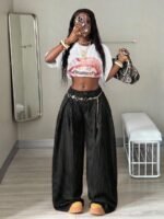 Elorivane Women Brown Striped Cargo Pants, Oversized Curved Hem Vintage Summer Fall Streetwear Trousers - Image 9