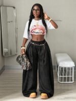 Elorivane Women Brown Striped Cargo Pants, Oversized Curved Hem Vintage Summer Fall Streetwear Trousers - Image 11