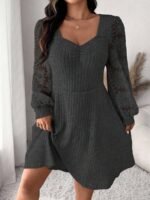 Elorivane Plus Size Sweetheart Neck Dress, Ruched Ribbed Long Sleeve Casual Dress, Fall Wear - Image 23