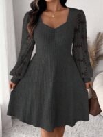 Elorivane Plus Size Sweetheart Neck Dress, Ruched Ribbed Long Sleeve Casual Dress, Fall Wear - Image 24