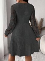 Elorivane Plus Size Sweetheart Neck Dress, Ruched Ribbed Long Sleeve Casual Dress, Fall Wear - Image 25