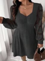Elorivane Plus Size Sweetheart Neck Dress, Ruched Ribbed Long Sleeve Casual Dress, Fall Wear - Image 26