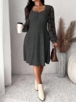 Elorivane Plus Size Sweetheart Neck Dress, Ruched Ribbed Long Sleeve Casual Dress, Fall Wear - Image 27