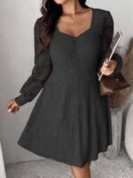 Elorivane Plus Size Sweetheart Neck Dress, Ruched Ribbed Long Sleeve Casual Dress, Fall Wear - Image 28
