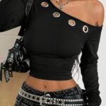 Elorivane Women Vintage Leopard Knit Top, Asymmetrical Neck Grommet Long Sleeve Stretchy Spring Summer Streetwear