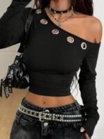 Elorivane Women Vintage Leopard Knit Top, Asymmetrical Neck Grommet Long Sleeve Stretchy Spring Summer Streetwear