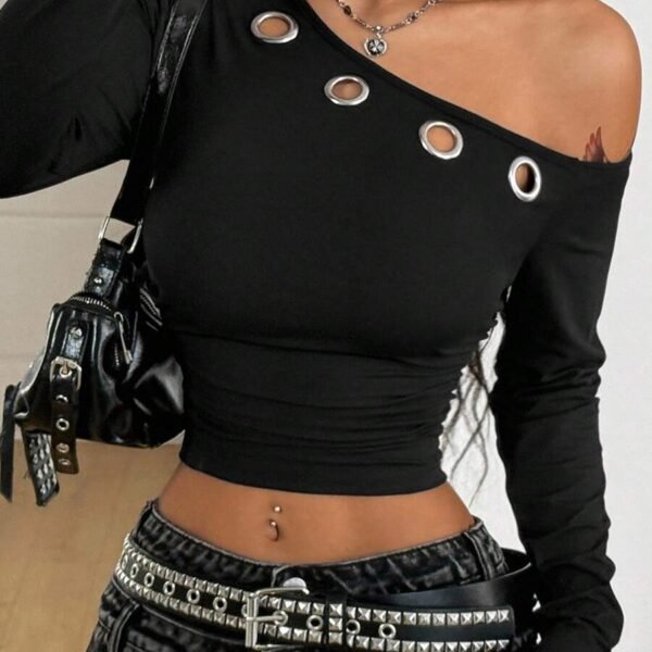Elorivane Women Vintage Leopard Knit Top, Asymmetrical Neck Grommet Long Sleeve Stretchy Spring Summer Streetwear