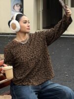 Elorivane Plus Size Leopard Print T-Shirt, Long Sleeve Street Style Spring Autumn Top - Image 4