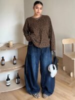 Elorivane Plus Size Leopard Print T-Shirt, Long Sleeve Street Style Spring Autumn Top - Image 3
