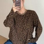 Elorivane Plus Size Leopard Print T-Shirt, Long Sleeve Street Style Spring Autumn Top
