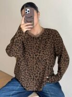 Elorivane Plus Size Leopard Print T-Shirt, Long Sleeve Street Style Spring Autumn Top