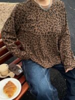 Elorivane Plus Size Leopard Print T-Shirt, Long Sleeve Street Style Spring Autumn Top - Image 6