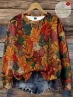 Elorivane Plus Size Maple Leaf Print Sweatshirt, Textured Crew Neck Top, Autumn Winter Halloween Casual Wear - Image 6