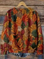 Elorivane Plus Size Maple Leaf Print Sweatshirt, Textured Crew Neck Top, Autumn Winter Halloween Casual Wear - Image 7