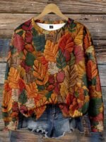 Elorivane Plus Size Maple Leaf Print Sweatshirt, Textured Crew Neck Top, Autumn Winter Halloween Casual Wear - Image 8