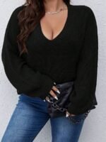 Elorivane Plus Size Solid Color Drop Shoulder Loose Knit Sweater for Autumn Winter - Image 15