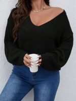 Elorivane Plus Size Solid Color Drop Shoulder Loose Knit Sweater for Autumn Winter - Image 17