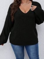 Elorivane Plus Size Solid Color Drop Shoulder Loose Knit Sweater for Autumn Winter - Image 19