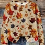Elorivane Plus Size Maple Leaf Print Sweatshirt, Textured Crew Neck Top, Autumn Winter Halloween Casual Wear