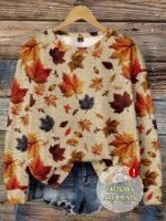 Elorivane Plus Size Maple Leaf Print Sweatshirt, Textured Crew Neck Top, Autumn Winter Halloween Casual Wear