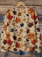 Elorivane Plus Size Maple Leaf Print Sweatshirt, Textured Crew Neck Top, Autumn Winter Halloween Casual Wear - Image 2