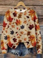 Elorivane Plus Size Maple Leaf Print Sweatshirt, Textured Crew Neck Top, Autumn Winter Halloween Casual Wear - Image 3