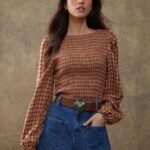 Elorivane Women Rust Brown Plaid Embroidered Blouse, Smocked Boatneck Long Puff Sleeve Ruffle Hem Western Cowgirl Fall Top