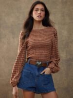 Elorivane Women Rust Brown Plaid Embroidered Blouse, Smocked Boatneck Long Puff Sleeve Ruffle Hem Western Cowgirl Fall Top