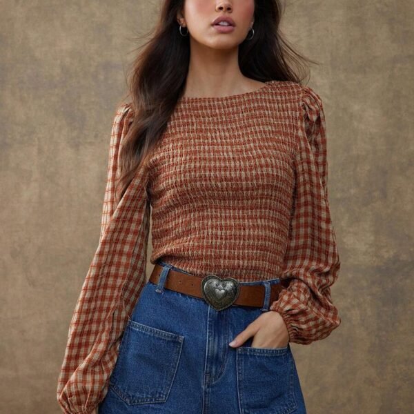 Elorivane Women Rust Brown Plaid Embroidered Blouse, Smocked Boatneck Long Puff Sleeve Ruffle Hem Western Cowgirl Fall Top