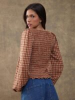 Elorivane Women Rust Brown Plaid Embroidered Blouse, Smocked Boatneck Long Puff Sleeve Ruffle Hem Western Cowgirl Fall Top - Image 2