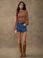 Elorivane Women Rust Brown Plaid Embroidered Blouse, Smocked Boatneck Long Puff Sleeve Ruffle Hem Western Cowgirl Fall Top - Image 3