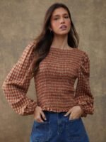 Elorivane Women Rust Brown Plaid Embroidered Blouse, Smocked Boatneck Long Puff Sleeve Ruffle Hem Western Cowgirl Fall Top - Image 4