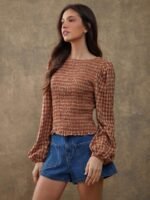 Elorivane Women Rust Brown Plaid Embroidered Blouse, Smocked Boatneck Long Puff Sleeve Ruffle Hem Western Cowgirl Fall Top - Image 5