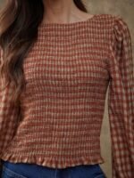 Elorivane Women Rust Brown Plaid Embroidered Blouse, Smocked Boatneck Long Puff Sleeve Ruffle Hem Western Cowgirl Fall Top - Image 6