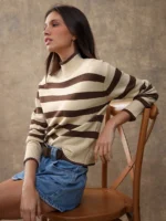 Elorivane Women Brown & Cream Striped Turtleneck Sweater, Long Sleeve Relaxed Country Style Fall Winter Rodeo Top - Image 3