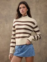 Elorivane Women Brown & Cream Striped Turtleneck Sweater, Long Sleeve Relaxed Country Style Fall Winter Rodeo Top - Image 6