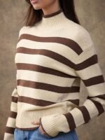 Elorivane Women Brown & Cream Striped Turtleneck Sweater, Long Sleeve Relaxed Country Style Fall Winter Rodeo Top - Image 7
