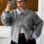 Elorivane Plus Size Color Block Cardigan, Shirt Collar Patchwork Casual Autumn Winter School Sweater