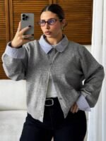 Elorivane Plus Size Color Block Cardigan, Shirt Collar Patchwork Casual Autumn Winter School Sweater