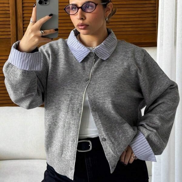 Elorivane Plus Size Color Block Cardigan, Shirt Collar Patchwork Casual Autumn Winter School Sweater